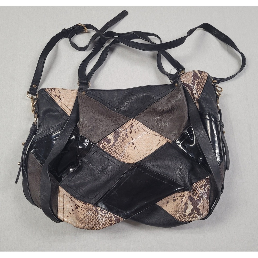 Big Buddha Multi-patchwork Hobo Bag Black Faux Leather & Snakeskin Accents
